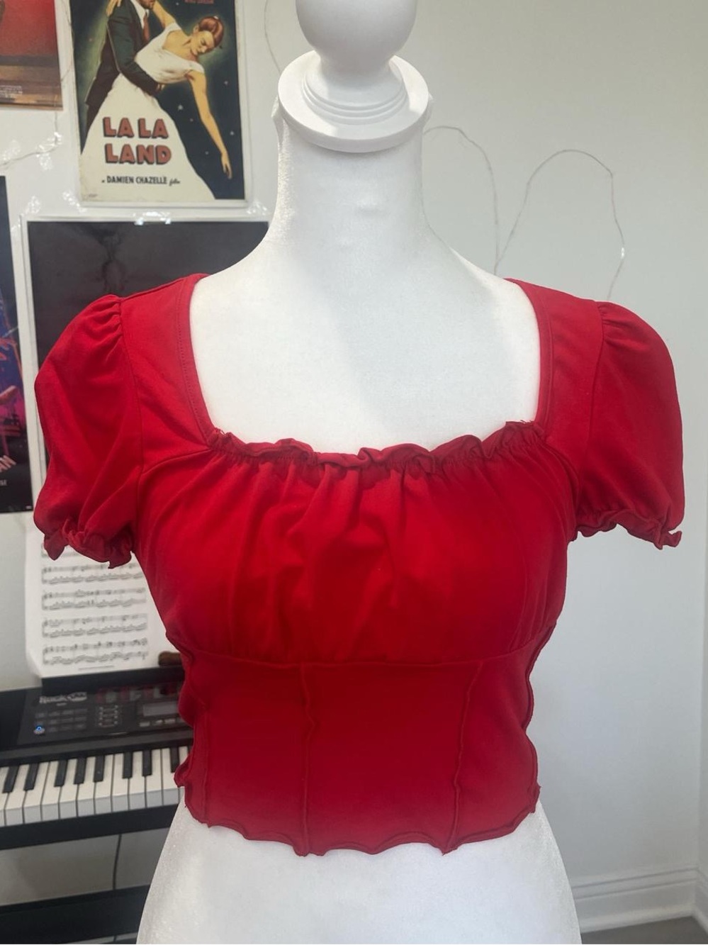 Women’s Red 4th of July Ruffled Puff Sleeve Square-Neck Crop Top - SHEIN